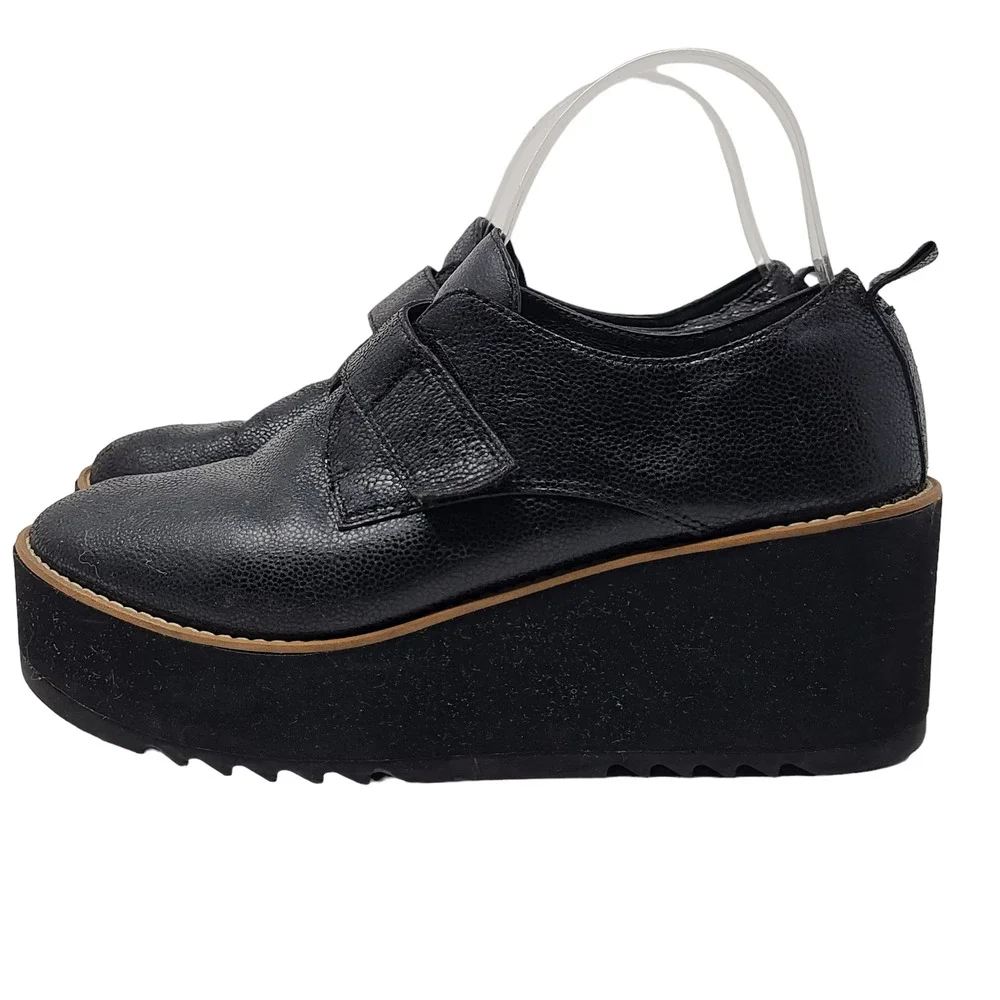 EILEEN FISHER Zola Black Pebbled Leather Platform Wedge Oxford Women's 9 - Picture 6 of 13